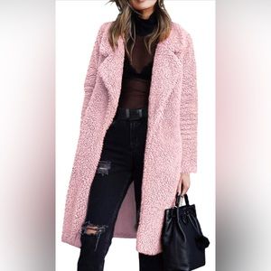 NWT Fleece Lapel Open Front Long Coat Faux Fur Jacket SZ L